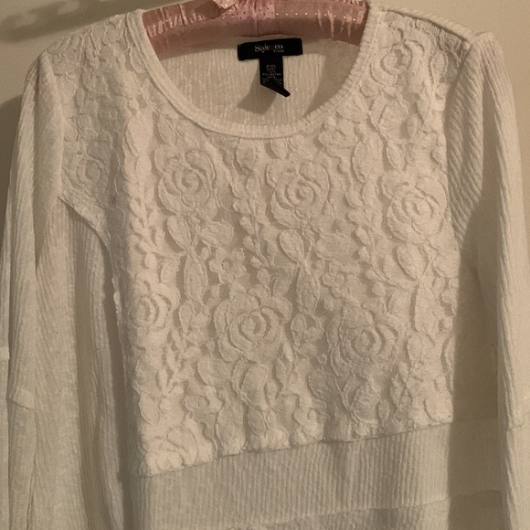 Style & Co. Lacy Top, Long Sleeve, Elevated Tee Style, Mixed Textiles, Feminine - Picture 2 of 8